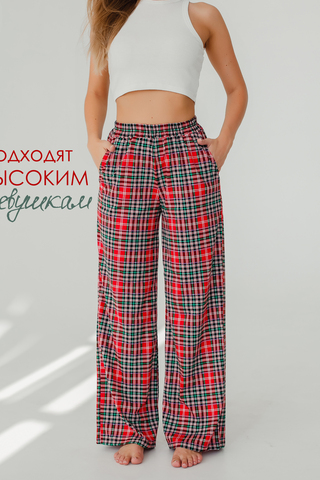 Женские брюки палаццо домашние широкие красная клетка